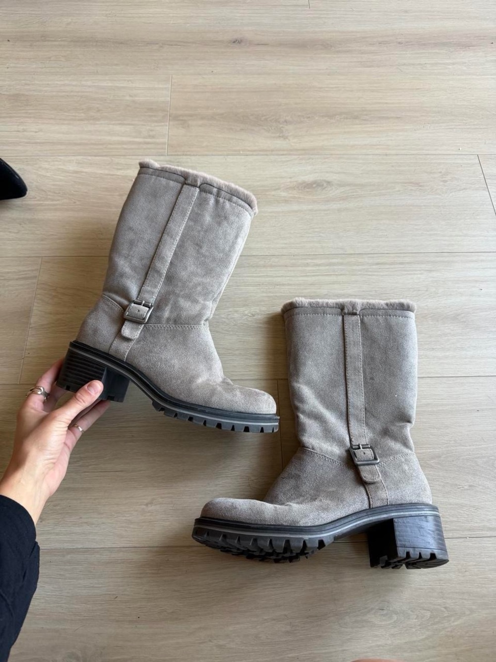 Kelly & Katie Taupe Suede Mid-Calf Lug Sole Boots